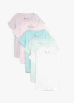 bonprix bonprix Camiseta de cuello redondo y manga corta (5 unidades) Rosa claro/menta pastel/agua mate/morado/blanco New