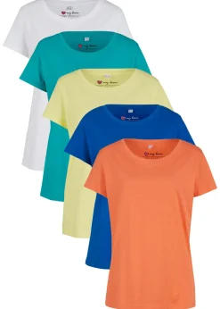 bonprix bonprix Camiseta de cuello redondo y manga corta (5 unidades) Salmón/azur/amarillo limón claro/esmeralda/blanco Hot