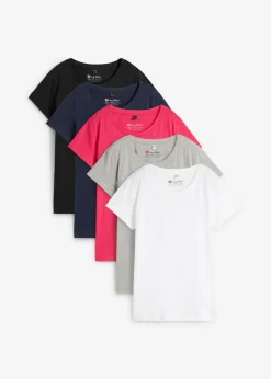 bonprix bonprix Camiseta de cuello redondo y manga corta (5 unidades) Rosa hibisco-gris claro jaspeado-blanco-negro-azul oscuro Outlet