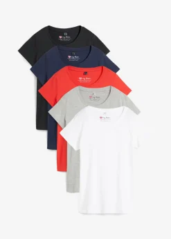 bonprix bonprix Camiseta de cuello redondo y manga corta (5 unidades) Rosa fresa/negro/blanco/gris claro jaspeado/azul oscuro Best