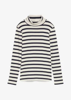 bonprix bonprix Camiseta de cuello vuelto de algodón orgánico puro Blanco lana-azul marino con rayas