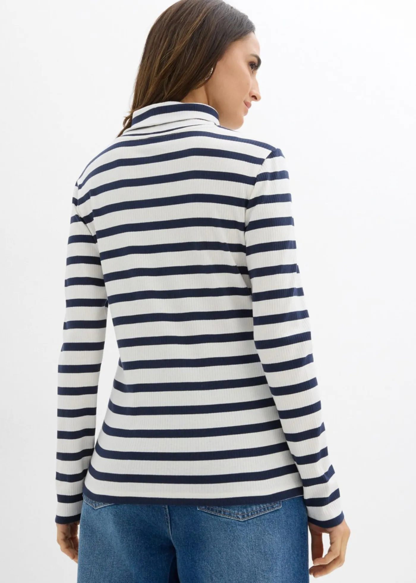 bonprix bonprix Camiseta de cuello vuelto de algodón orgánico puro Blanco lana-azul marino con rayas