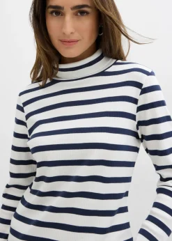 bonprix bonprix Camiseta de cuello vuelto de algodón orgánico puro Blanco lana-azul marino con rayas