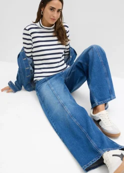 bonprix bonprix Camiseta de cuello vuelto de algodón orgánico puro Blanco lana-azul marino con rayas