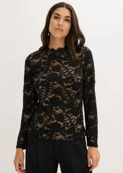 bonprix bonprix Camiseta de encaje de manga larga Negro Sale