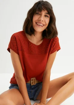bonprix bonprix Camiseta de encaje de viscosa suave rojo carmín Outlet
