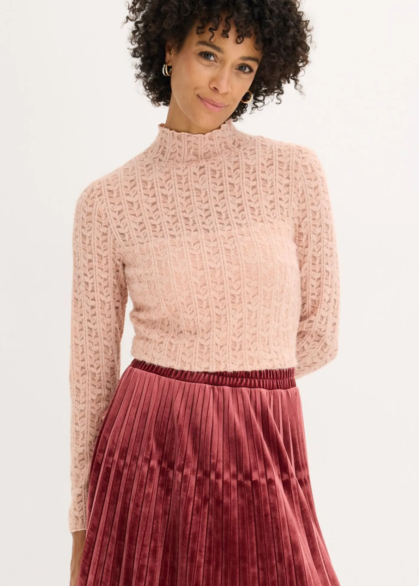 bonprix bonprix Camiseta de encaje y cuello vuelto Rosa vintage New