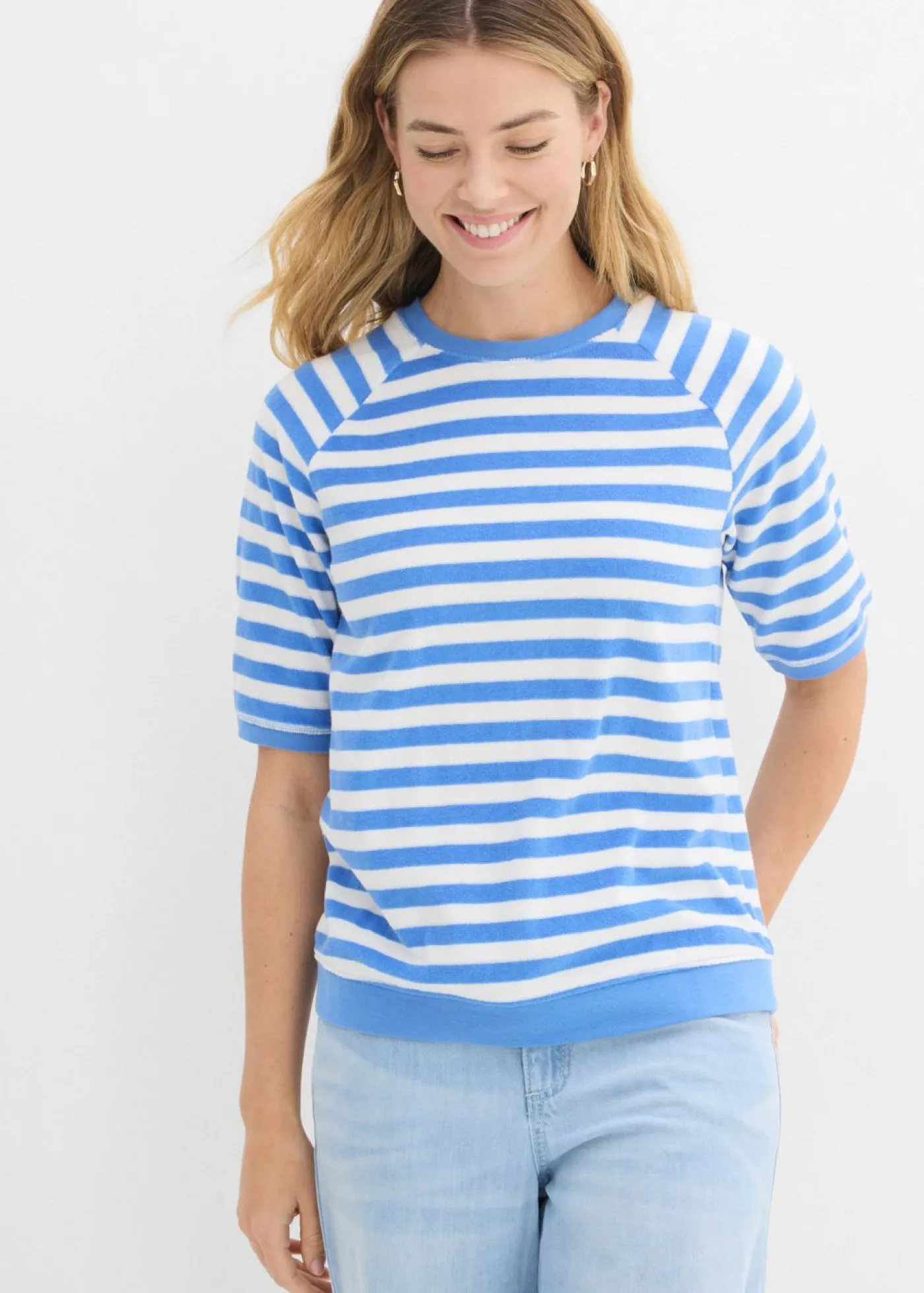 bonprix bonprix Camiseta de felpa suave azul provenzal-blanco lana con rayas Discount