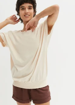 bonprix bonprix Camiseta de hilo flameado de algodón orgánico con cuello de nido de abeja Beige-arena Clearance