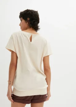 bonprix bonprix Camiseta de hilo flameado de algodón orgánico con cuello de nido de abeja Beige-arena Clearance