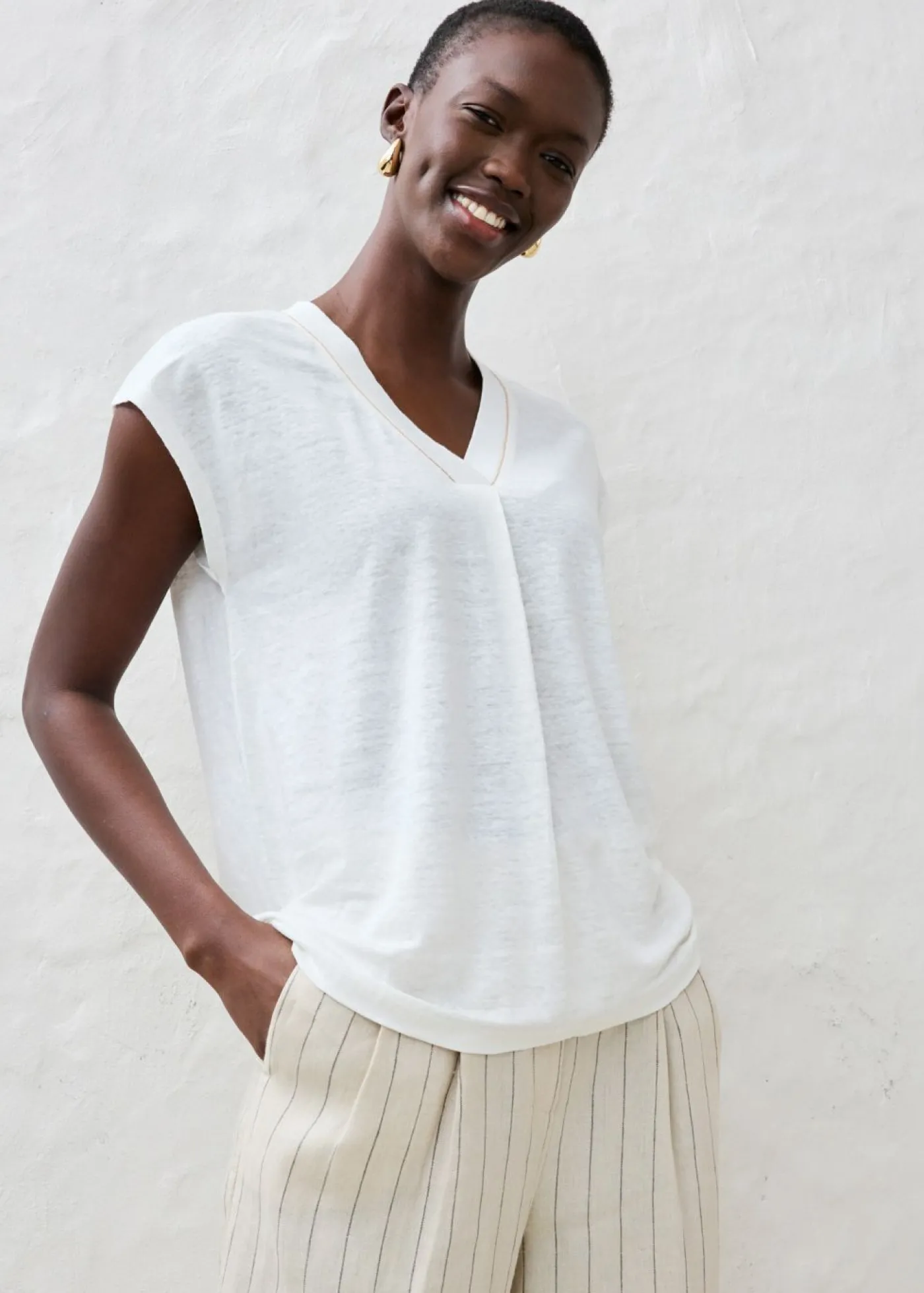 bonprix bonprix Camiseta de lino puro Blanco Clearance