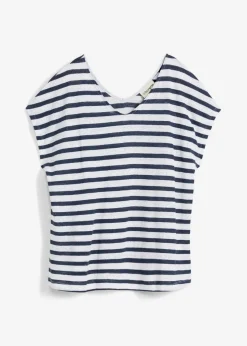 bonprix bonprix Camiseta de lino puro con mangas tipo murciélago azul marino-blanco con rayas Hot