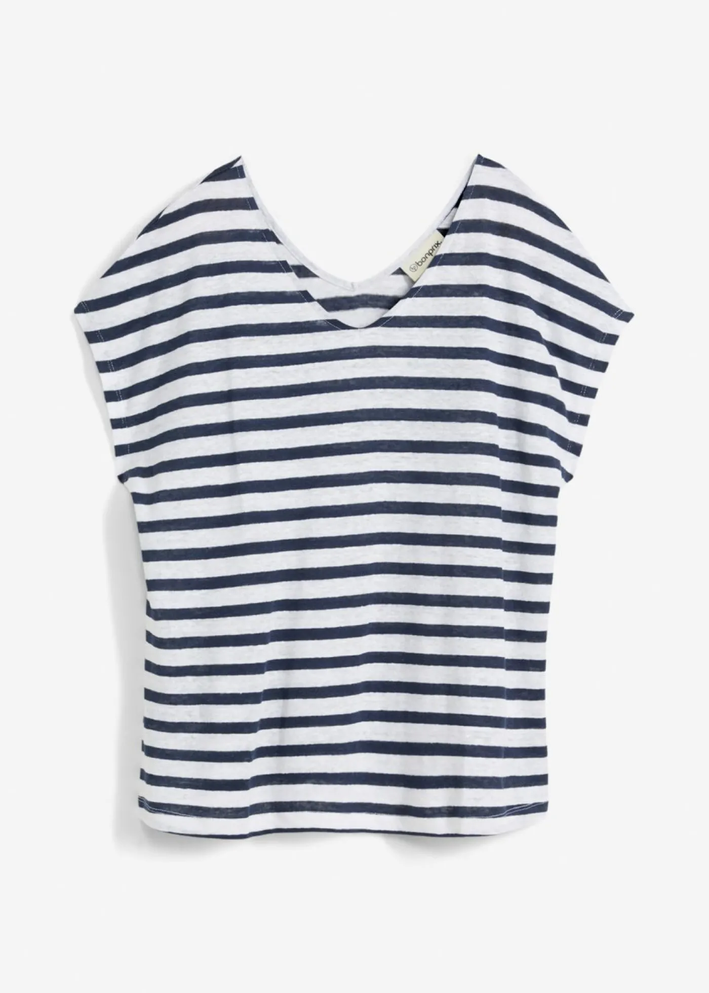 bonprix bonprix Camiseta de lino puro con mangas tipo murciélago azul marino-blanco con rayas Hot