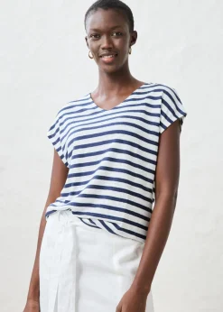 bonprix bonprix Camiseta de lino puro con mangas tipo murciélago azul marino-blanco con rayas Hot