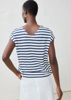 bonprix bonprix Camiseta de lino puro con mangas tipo murciélago azul marino-blanco con rayas Hot