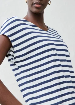 bonprix bonprix Camiseta de lino puro con mangas tipo murciélago azul marino-blanco con rayas Hot