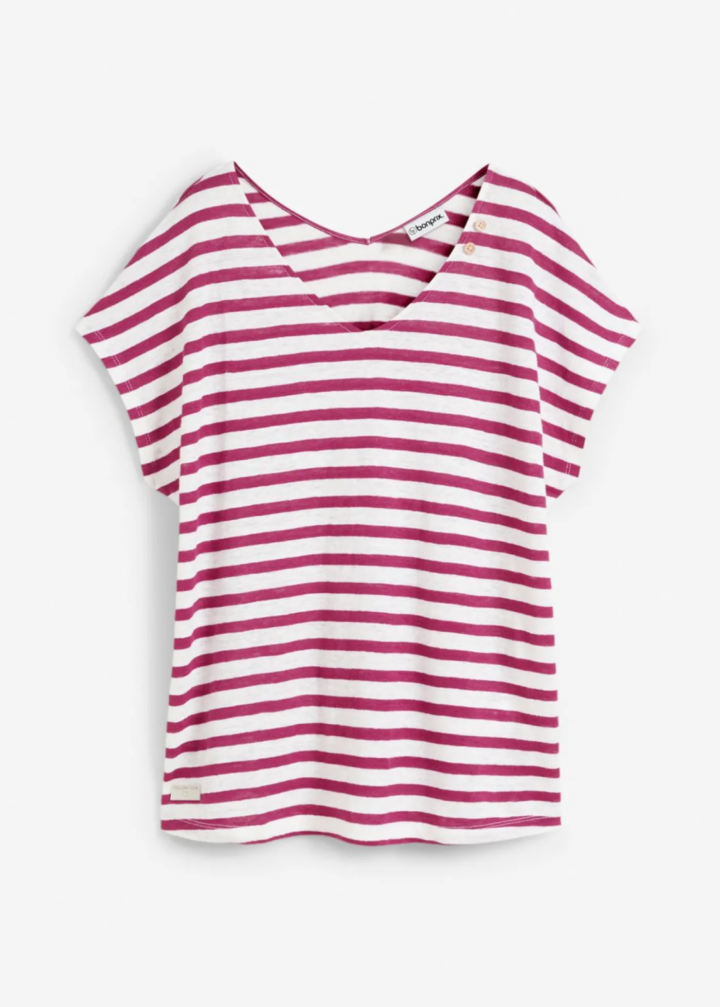 bonprix bonprix Camiseta de lino puro con mangas tipo murciélago violeta/blanco con rayas Outlet