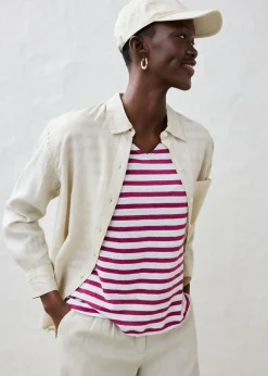 bonprix bonprix Camiseta de lino puro con mangas tipo murciélago violeta/blanco con rayas Outlet