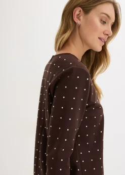 bonprix bonprix Camiseta de manga larga con aplicación de piedras brillantes Marrón oscuro Sale
