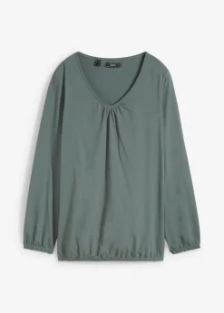 bonprix bonprix Camiseta de manga larga con elástico de algodón puro Verde eucalipto Discount