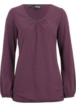 bonprix bonprix Camiseta de manga larga con elástico de algodón puro morado intenso Discount