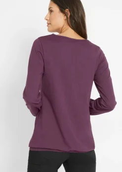 bonprix bonprix Camiseta de manga larga con elástico de algodón puro morado intenso Discount