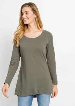 bonprix bonprix Camiseta de manga larga de algodón puro Verde oliva Sale