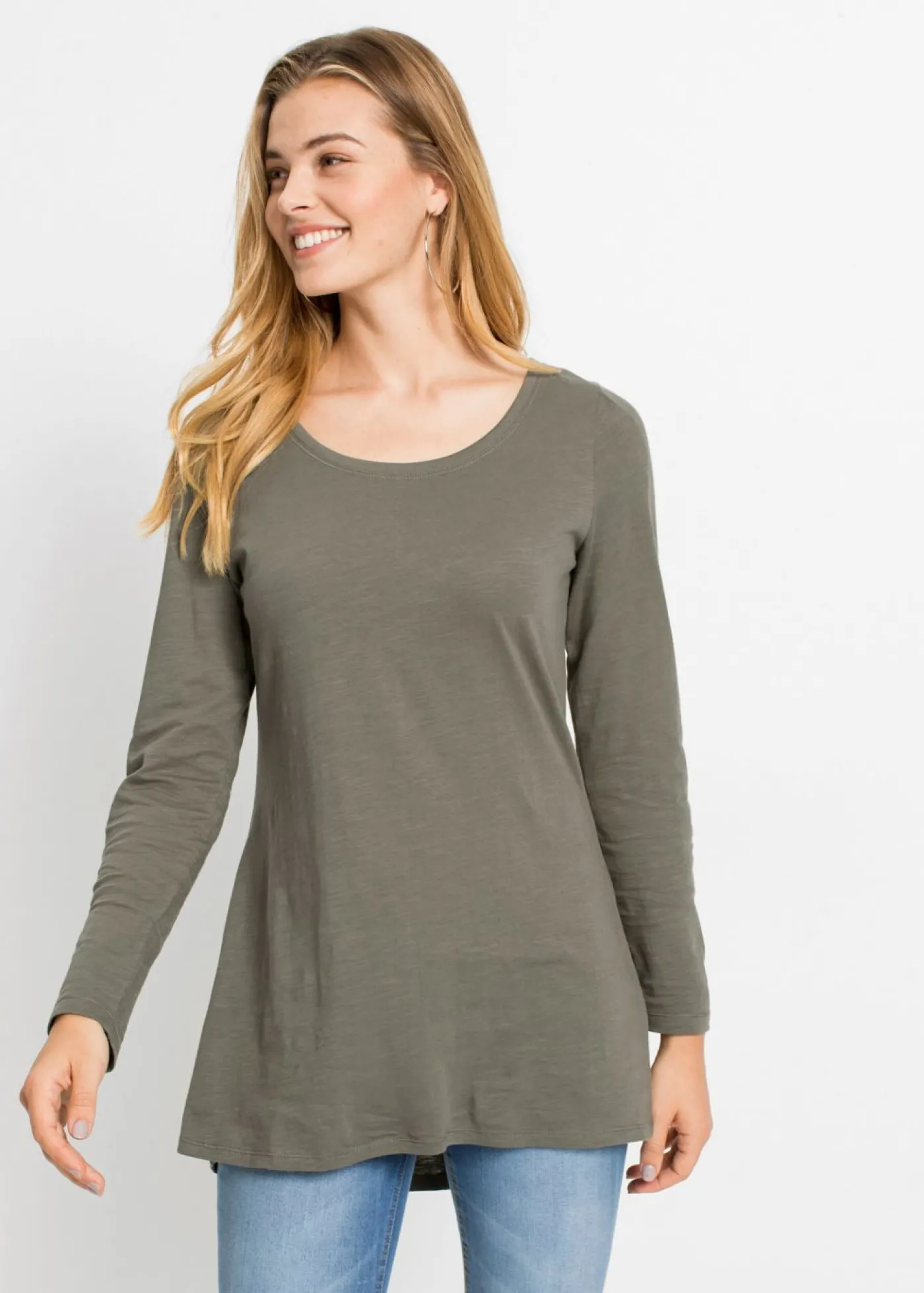 bonprix bonprix Camiseta de manga larga de algodón puro Verde oliva Sale