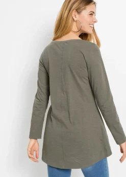bonprix bonprix Camiseta de manga larga de algodón puro Verde oliva Sale
