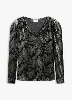 bonprix bonprix Camiseta de manga larga de terciopelo dévoré Negro-verde Outlet