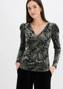 bonprix bonprix Camiseta de manga larga de terciopelo dévoré Negro-verde Outlet