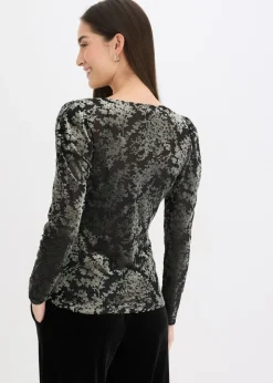 bonprix bonprix Camiseta de manga larga de terciopelo dévoré Negro-verde Outlet