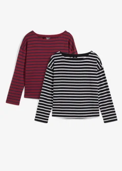 bonprix bonprix Camiseta de manga larga de algodón orgánico puro (2 unidades) Rojo rubí/azul marino de rayas + negro/blanco de rayas Online