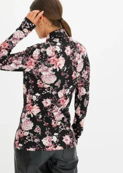 bonprix bonprix Camiseta de manga larga de suave mezcla de viscosa Negro con flores New