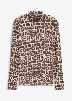 bonprix bonprix Camiseta de manga larga de suave mezcla de viscosa estampado leo marrón Outlet