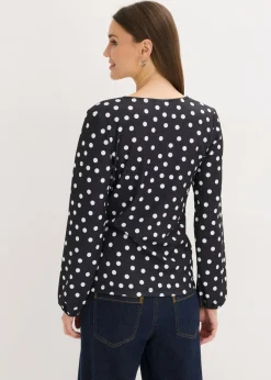 bonprix bonprix Camiseta de manga larga de punto estructurado negro - blanco topos Sale