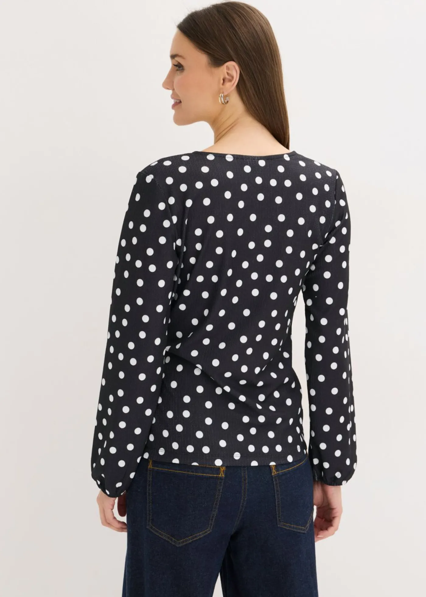 bonprix bonprix Camiseta de manga larga de punto estructurado negro - blanco topos Sale
