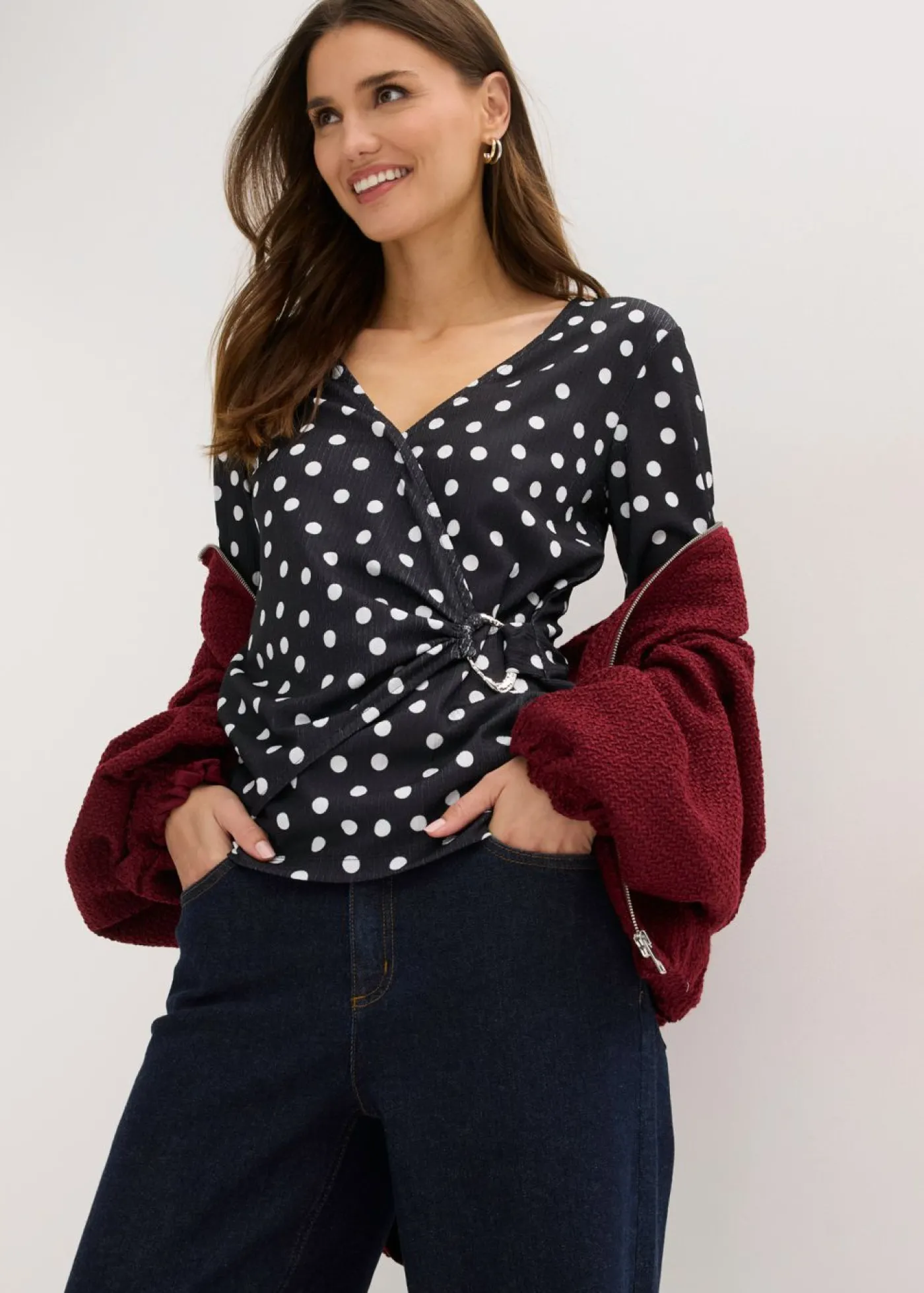 bonprix bonprix Camiseta de manga larga de punto estructurado negro - blanco topos Sale