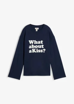 bonprix bonprix Camiseta de manga larga de algodón pesado Azul marino + blanco lana Sale