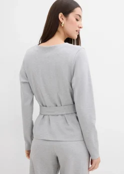 bonprix bonprix Camiseta de manga larga de mezcla de viscosa con cinta ancha para atar gris claro jaspeado moteado Best