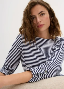 bonprix bonprix Camiseta de manga larga de algodón puro Azul marino-blanco de rayas Online