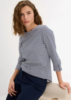 bonprix bonprix Camiseta de manga larga de algodón puro Azul marino-blanco de rayas Online