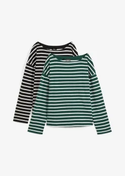 bonprix bonprix Camiseta de manga larga de algodón orgánico puro (2 unidades) Verde intenso/blanco de rayas + negro/blanco de rayas Outlet