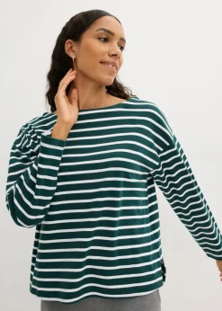 bonprix bonprix Camiseta de manga larga de algodón orgánico puro (2 unidades) Verde intenso/blanco de rayas + negro/blanco de rayas Outlet