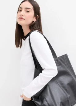 bonprix bonprix Camiseta de manga larga de mezcla de viscosa con cuello alto Blanco-negro Discount
