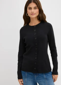 bonprix bonprix Camiseta de manga larga de canalé de algodón puro Negro
