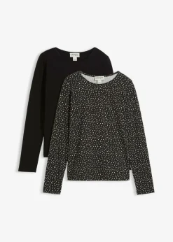 bonprix bonprix Camiseta de manga larga (2 unidades) de mezcla de algodón y elastano Negro-blanco lana Discount