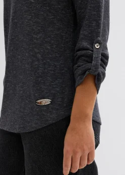 bonprix bonprix Camiseta de mezcla de algodón con manga larga y botones Antracita jaspeado New