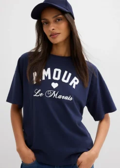 bonprix bonprix Camiseta de mezcla de algodón elástico Azul marino-blanco Online