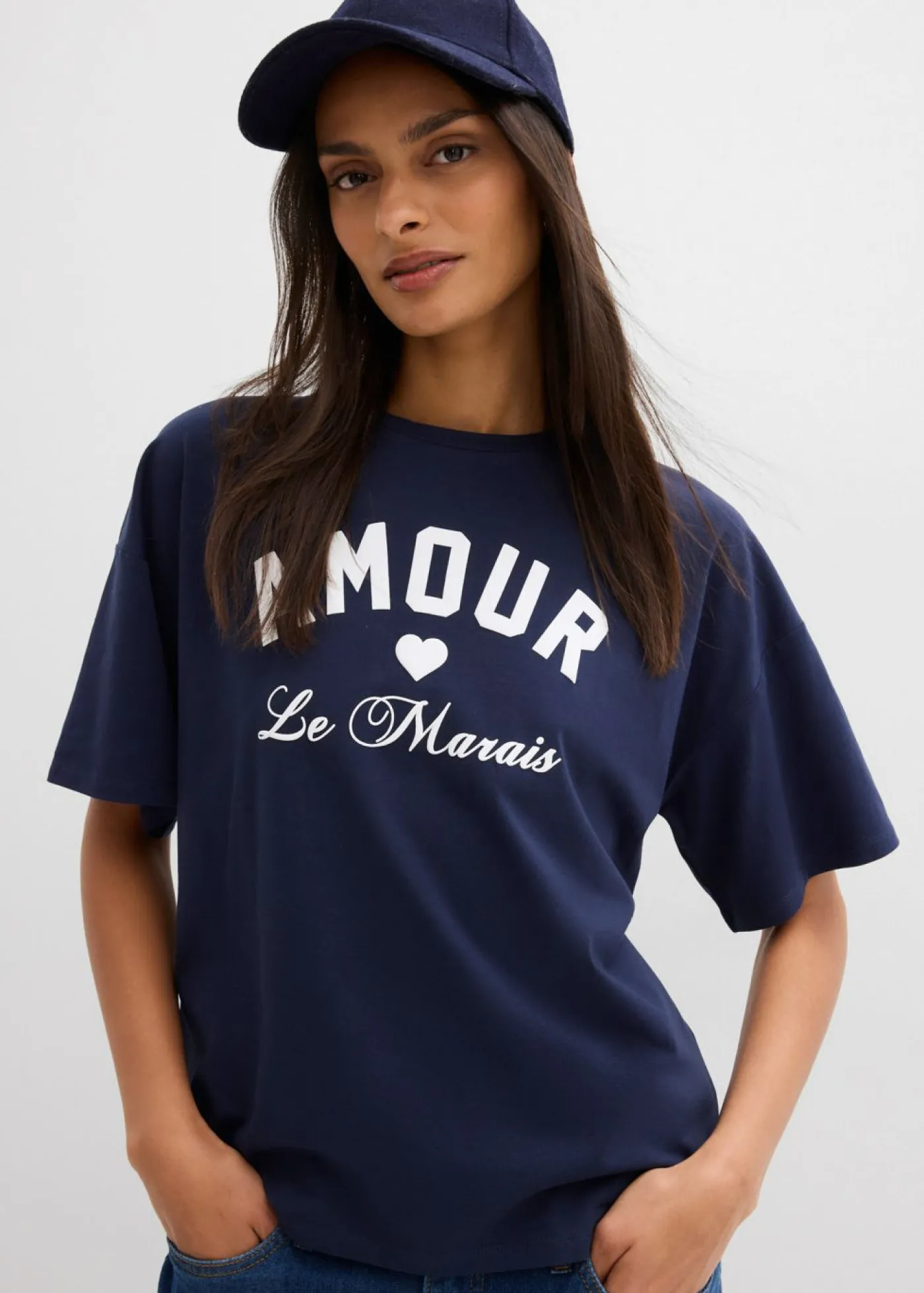 bonprix bonprix Camiseta de mezcla de algodón elástico Azul marino-blanco Online